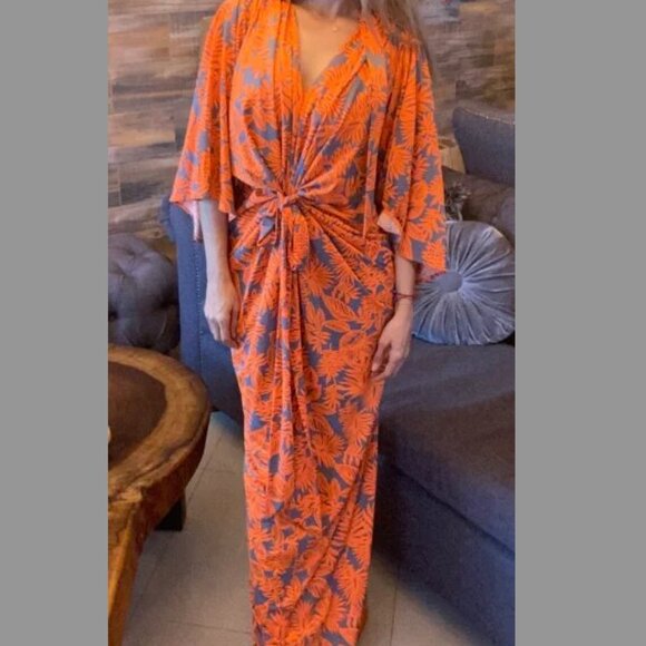 Anthropologie Dresses & Skirts - Anthropolgie S Orange Tropical Femme Print Maxi Long Wrap Flutter Kimono Dress